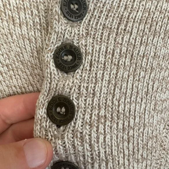 Vintage Eddie Bauer Sweater Men's Large Tan Henley Chunky Knit Outdoor Fall 90s - Picture 4 of 9